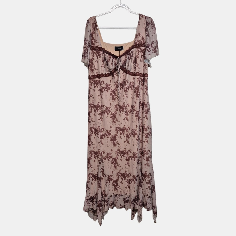 Cider‎ Carmine Floral Mesh Midi Dress Lace Trim Handkerchief Hem Womens 1XL NEW